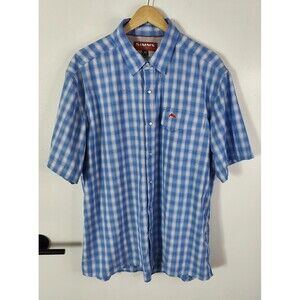 SIMMS Mens XL Fishing Shirt blue Plaid Pearl Snap Long Sleeve Vented Mesh Lined